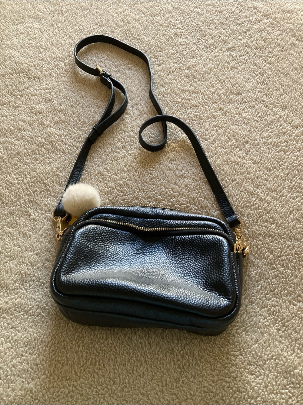 Pom Pom London Black Pebbled Leather Crossbody Bag with Gold Accents